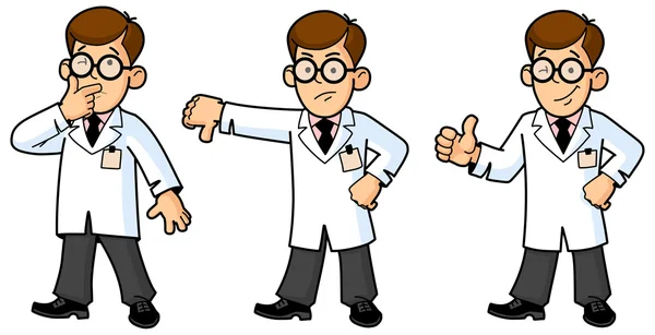 Dokter, ingenieur, wetenschapper of laboratorium. Bewegingen en emoties. Aantal Mascottes. — Stockvector