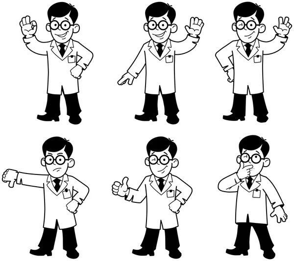 医生、 工程师、 科学家或实验室。手势和情绪。组的吉祥物. — 图库矢量图片
