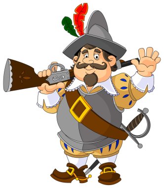 Cartoon Spanish conquistador with a musket. The gesture of greeting. clipart