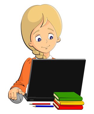 Masada oturan ve bir dizüstü bilgisayar üzerinde çalışan kız öğrenci.