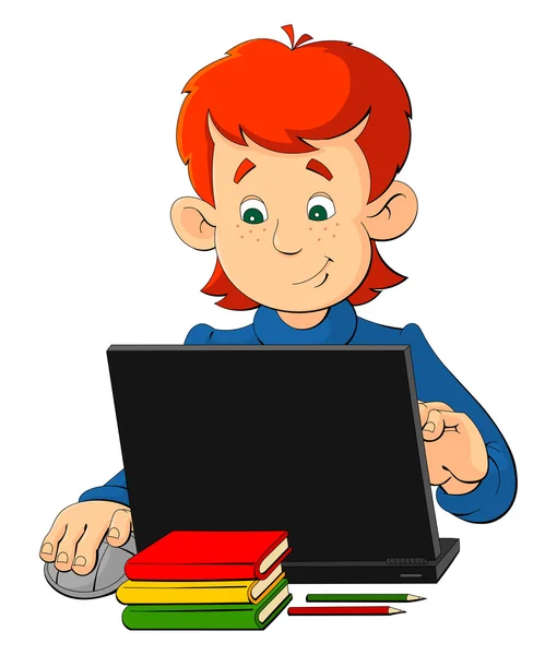 Cartoon jongen zitten aan een tafel met een laptop. — Stockvector