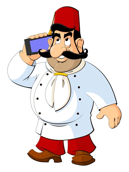 Турецька мультфільм шеф-кухаря в національних fez говорити по телефону. — стоковий вектор