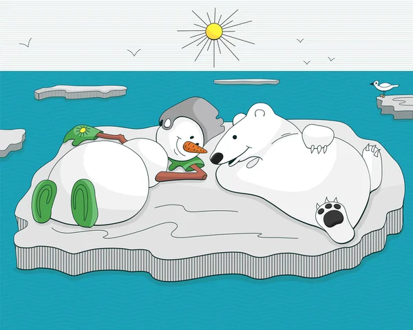 Snowman and bear tan on ice floe — Stock Vector