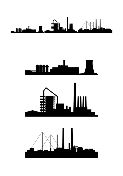 Tres fábricas siluetas — Vector de stock