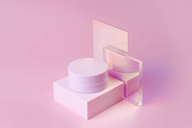 Kürsüde kremalı, pembe arka planda parlak camlı beyaz bir kozmetik şişesi. Sunum için şık bir zemin. Asgari düzeyde. Güzellik ürünü paketi, boş şablon 