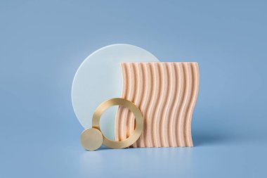 Dalgalı ahşap tabaka ve mavi arka planda yuvarlak geometrik şekiller. Altın elementli şık arkaplan 