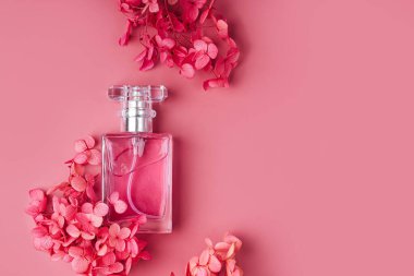 Pastel arka planda pembe çiçekli parfüm şişesi. Güzellik konsepti