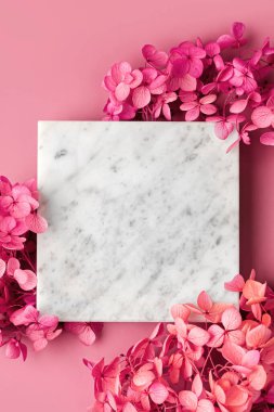 Pembe arka planda kare mermer plaka ve çiçekler. Sunum için stil arkaplanı.