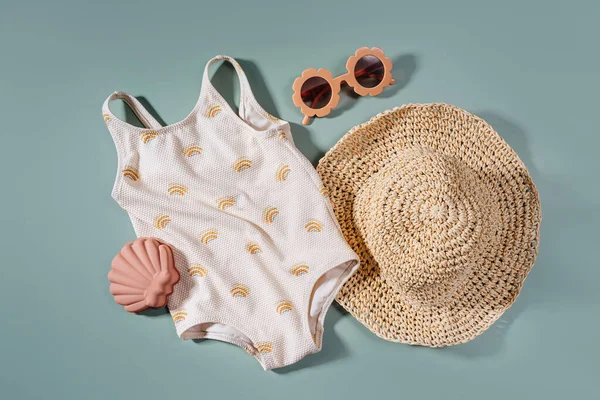 Vue Dessus Des Accessoires Été Plage Pour Les Enfants Maillot — Photo