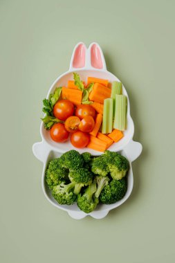 Taze sebzeli tavşan şeklinde şirin bir tabak. Çocuklar için yemek fikri. Havuç ve brokolili çocukların sağlıklı yemekleri.