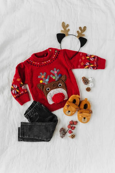 Cute Christmas Sweater Deer Little Baby Christmas Party — Stock Photo, Image