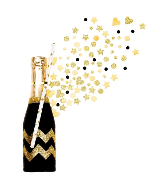 A bottle of champagne with confetti. isolated — Stock Photo, Image