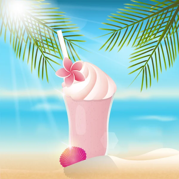 Milkshake on the beach with palm leaf. Summer background. — Stock Vector