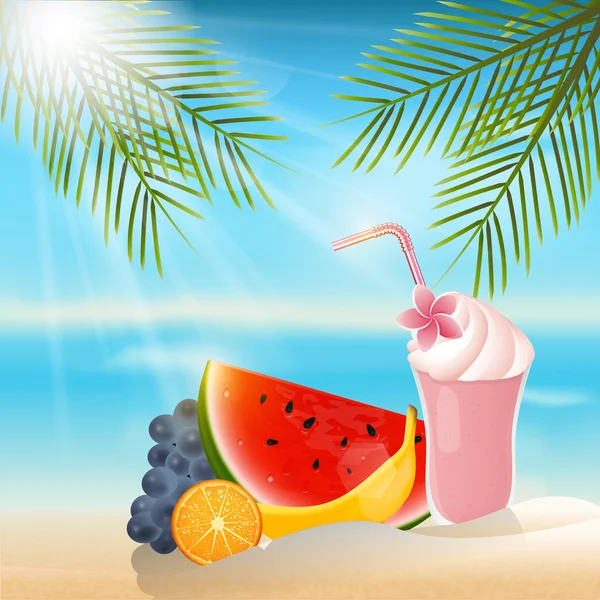 Καλοκαίρι φρούτα φόντο με milkshake. Πορτοκάλι, μπανάνα, σταφύλι και καρπούζι. — Διανυσματικό Αρχείο
