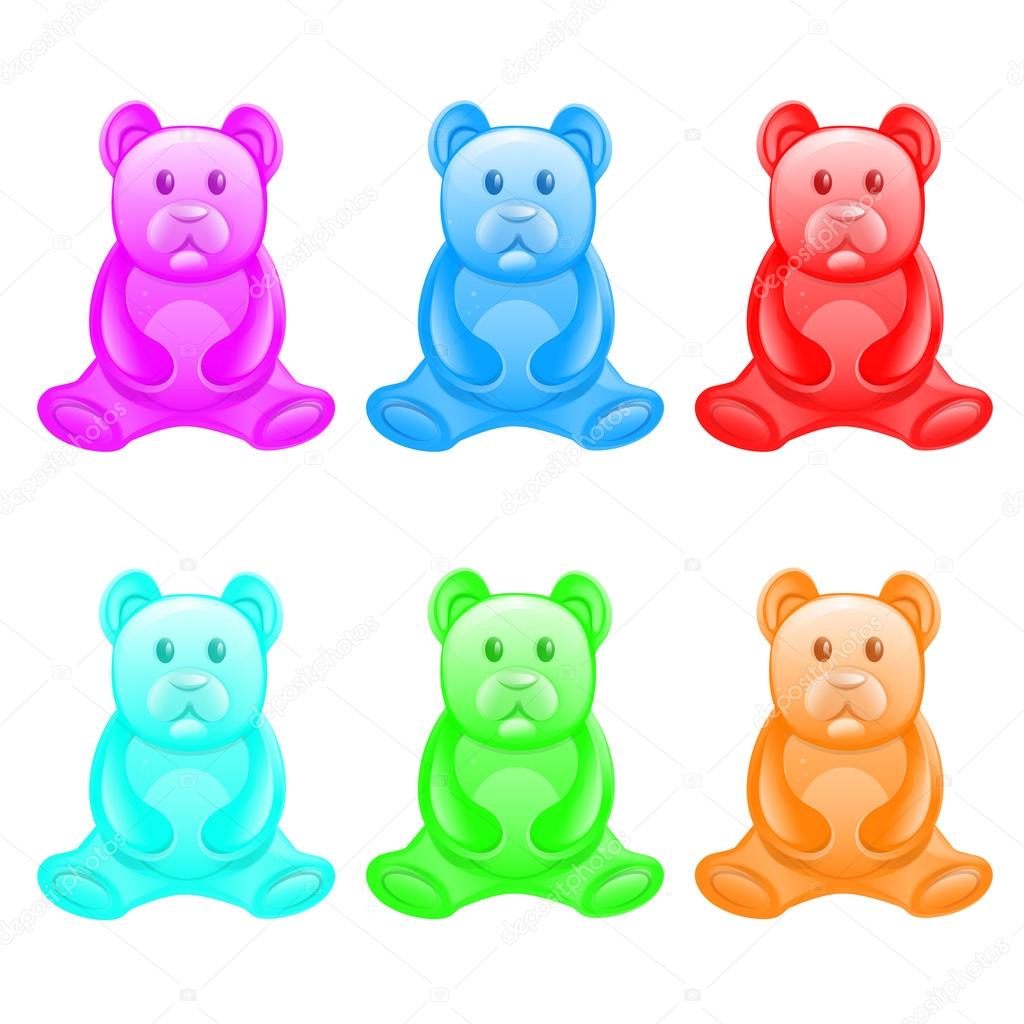 Different color jelly bears on a white background.