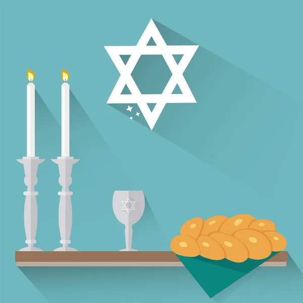 Velas Shabbat, copo kiddush e chalá em estilo plano . — Vetor de Stock