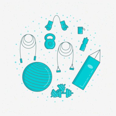 Satır spor fitness ekipmanları simgeler vektör çizim.