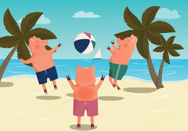 Illustration estivale de trois cochons jouant au ballon sur la plage . — Image vectorielle