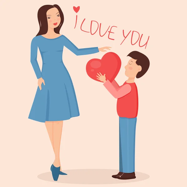 Ilustración del hijo dando gran corazón a la madre en el Día de la Madre . — Vector de stock