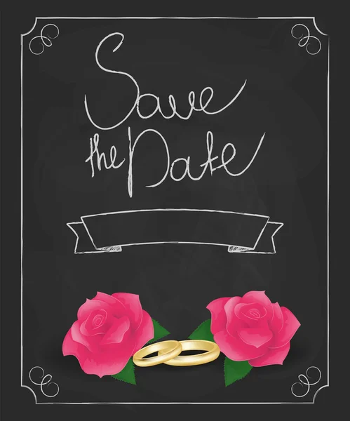 Chalkboard wedding invitation with save the date text, roses and wedding rings. — Stock Vector