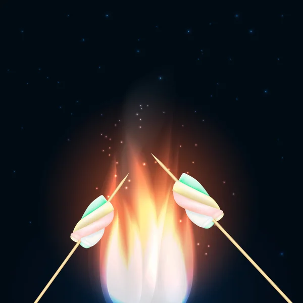 Fuego de camping con malvavisco en stick.Camping fondo . — Vector de stock