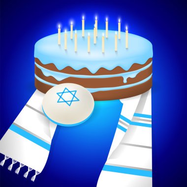 Yahudi bar mitzvah illüstrasyon kipa, şalıma ve 13 mumlar ile pasta.