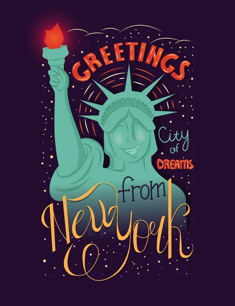 Diseño caligráfico escrito a mano conceptual. Tipografía vectorial inspiradora "Saludos desde la ciudad de Nueva York de los sueños " . — Archivo Imágenes Vectoriales