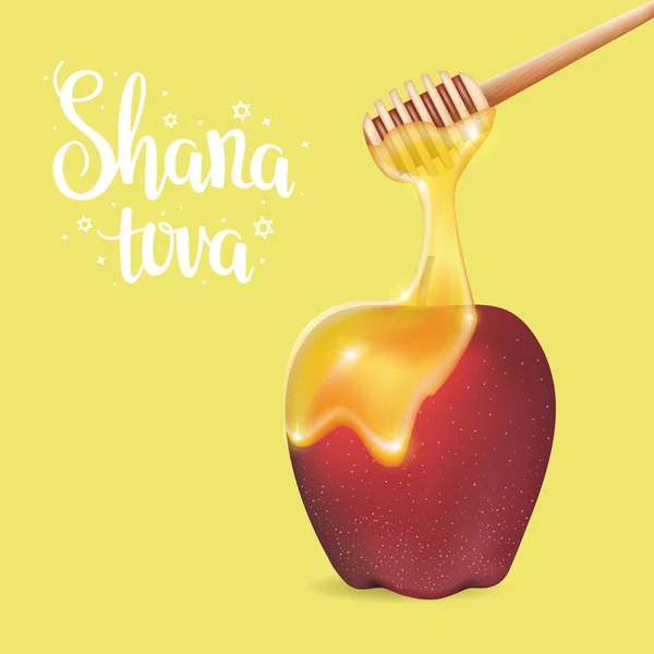 Letras manuscritas con texto "Shana tova" con manzana tradicional y miel . — Vector de stock