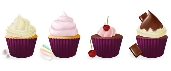 Different flavors isolated set of cupcakes on white background. — Stock Vector