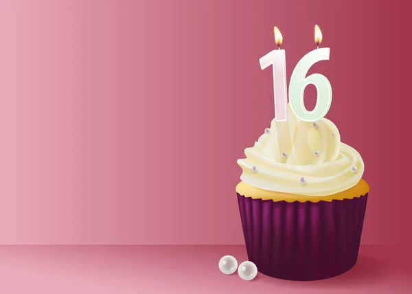 Vectorillustratie van cup cake met verjaardag kaars 16. — Stockvector