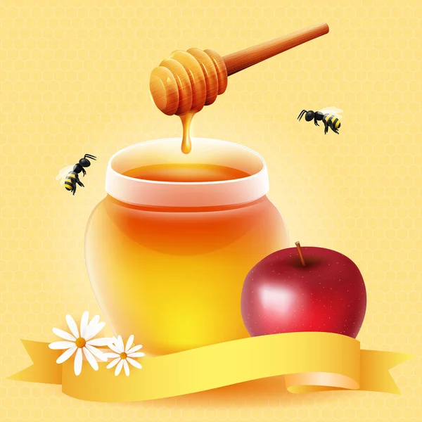 Traditionella äpple och honung. Design för Rosh Hashana (judiska nyåret). — Stock vektor