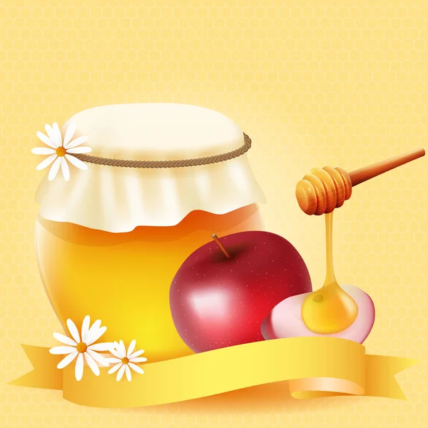 Traditionele apple segment en honing. Ontwerp voor Rosj Hasjana (joods nieuwjaar). — Stockvector