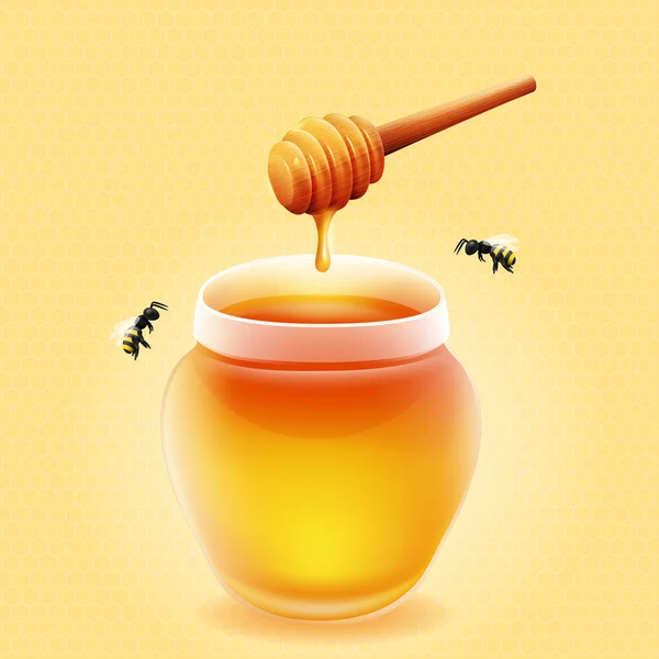 Vektör kavanoz bal ile ahşap bal ayı ve arılar.