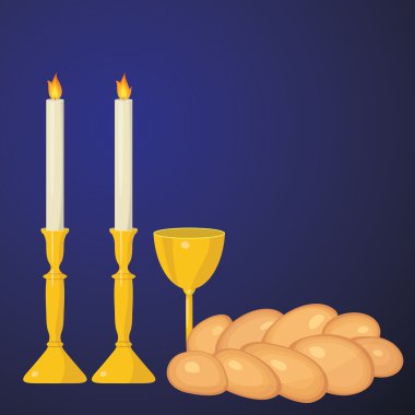 Jewish traditional. Sabbath candles, kiddush cup and challah. clipart