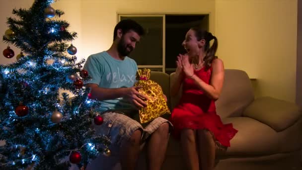 Girl receiving gift from boyfriend — Stock Video