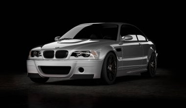 Almaty, Kazakistan - 19 Ekim 2020: BMW M3 E46 CSl koyu arka planda spor araba. 3d hazırlayıcı