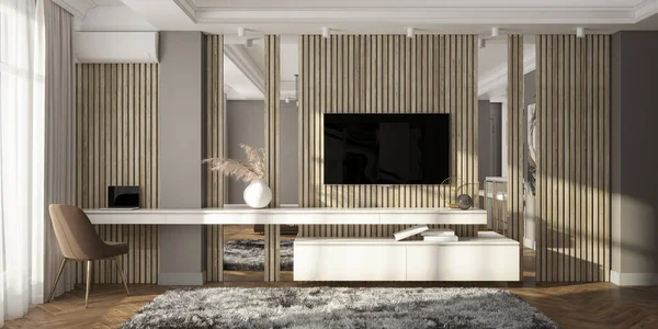 Moderno Soggiorno Moderno Interior Design Contemporaneo Con Televisore Rendering — Foto Stock