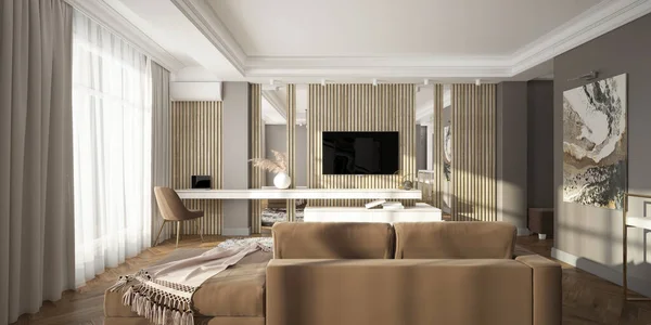 Televizyon Birimiyle Modern Oturma Odası Tasarımı Hazırlayıcı — Stok fotoğraf