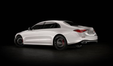 Almaty, Kazakistan, 26 Mart 2021 Mercedes-Benz S-sınıfı w223, 2021, stüdyo ışığında siyah arka planda lüks pahalı sedan. 3d hazırlayıcı