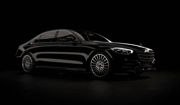 Almaty, Kazakistan, 26 Mart 2021 Mercedes-Benz S-sınıfı w223, 2021, stüdyo ışığında siyah arka planda lüks pahalı sedan. 3d hazırlayıcı