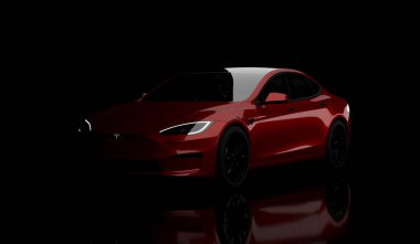 Kazakistan, Almaty - 25 Ocak 2026: Gri Tesla model S ekose beyaz arka planda izole edildi. 3d hazırlayıcı