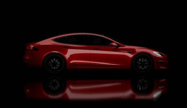 Kazakistan, Almaty - 25 Ocak 2026: Gri Tesla model S ekose beyaz arka planda izole edildi. 3d hazırlayıcı