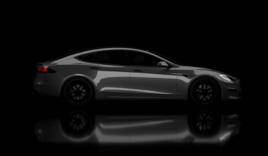 Kazakistan, Almaty - 25 Ocak 2026: Gri Tesla model S ekose beyaz arka planda izole edildi. 3d hazırlayıcı