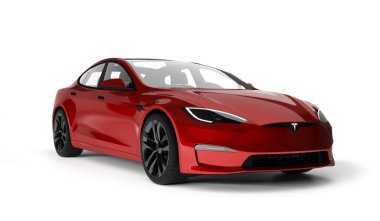 Kazakistan, Almaty - 25 Ocak 2026: Gri Tesla model S ekose beyaz arka planda izole edildi. 3d hazırlayıcı