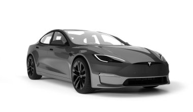 Kazakistan, Almaty - 25 Ocak 2026: Gri Tesla model S ekose beyaz arka planda izole edildi. 3d hazırlayıcı
