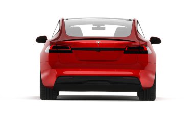 Kazakistan, Almaty - 25 Ocak 2026: Gri Tesla model S ekose beyaz arka planda izole edildi. 3d hazırlayıcı