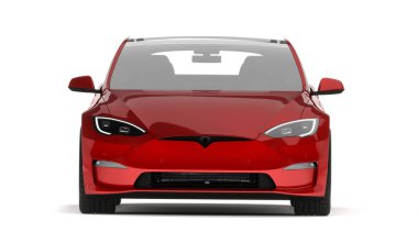 Kazakistan, Almaty - 25 Ocak 2026: Gri Tesla model S ekose beyaz arka planda izole edildi. 3d hazırlayıcı