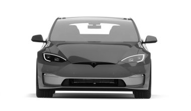 Kazakistan, Almaty - 25 Ocak 2026: Gri Tesla model S ekose beyaz arka planda izole edildi. 3d hazırlayıcı