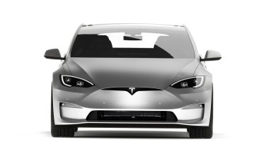 Kazakistan, Almaty - 25 Ocak 2026: Gri Tesla model S ekose beyaz arka planda izole edildi. 3d hazırlayıcı