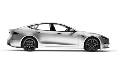 Kazakistan, Almaty - 25 Ocak 2026: Gri Tesla model S ekose beyaz arka planda izole edildi. 3d hazırlayıcı